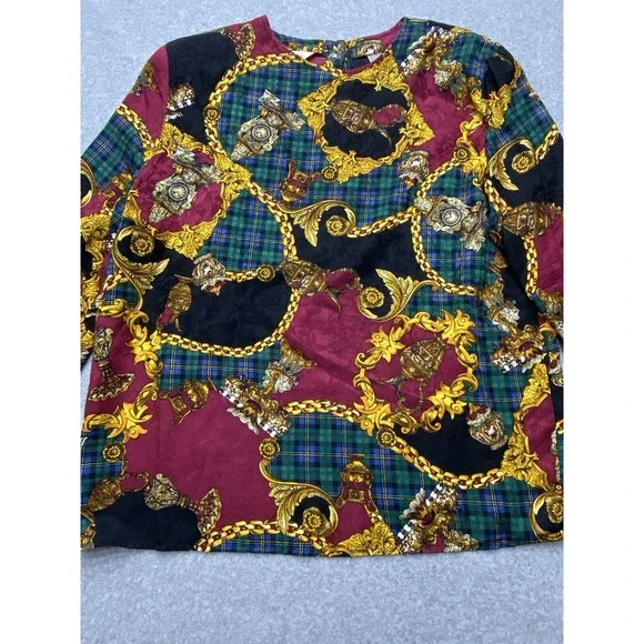 Vintage Bells Camice‎ Womens Blouse Large 12 Silk Baroque Chain Plaid 90s Preppy - Picture 2 of 13